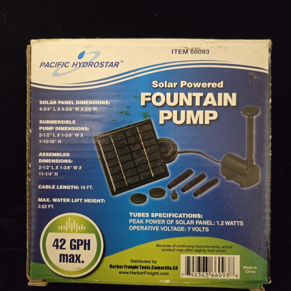 PACIFIC HYDROSTAR 66093 Solar Powered 16ft. Cord Fountain Pump 42 GPH NEW